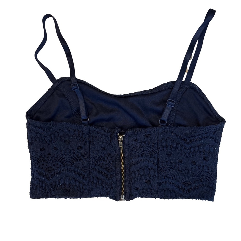 Navy Blue Lace Crop Top with Scalloped Design - Picture 2 of 8
